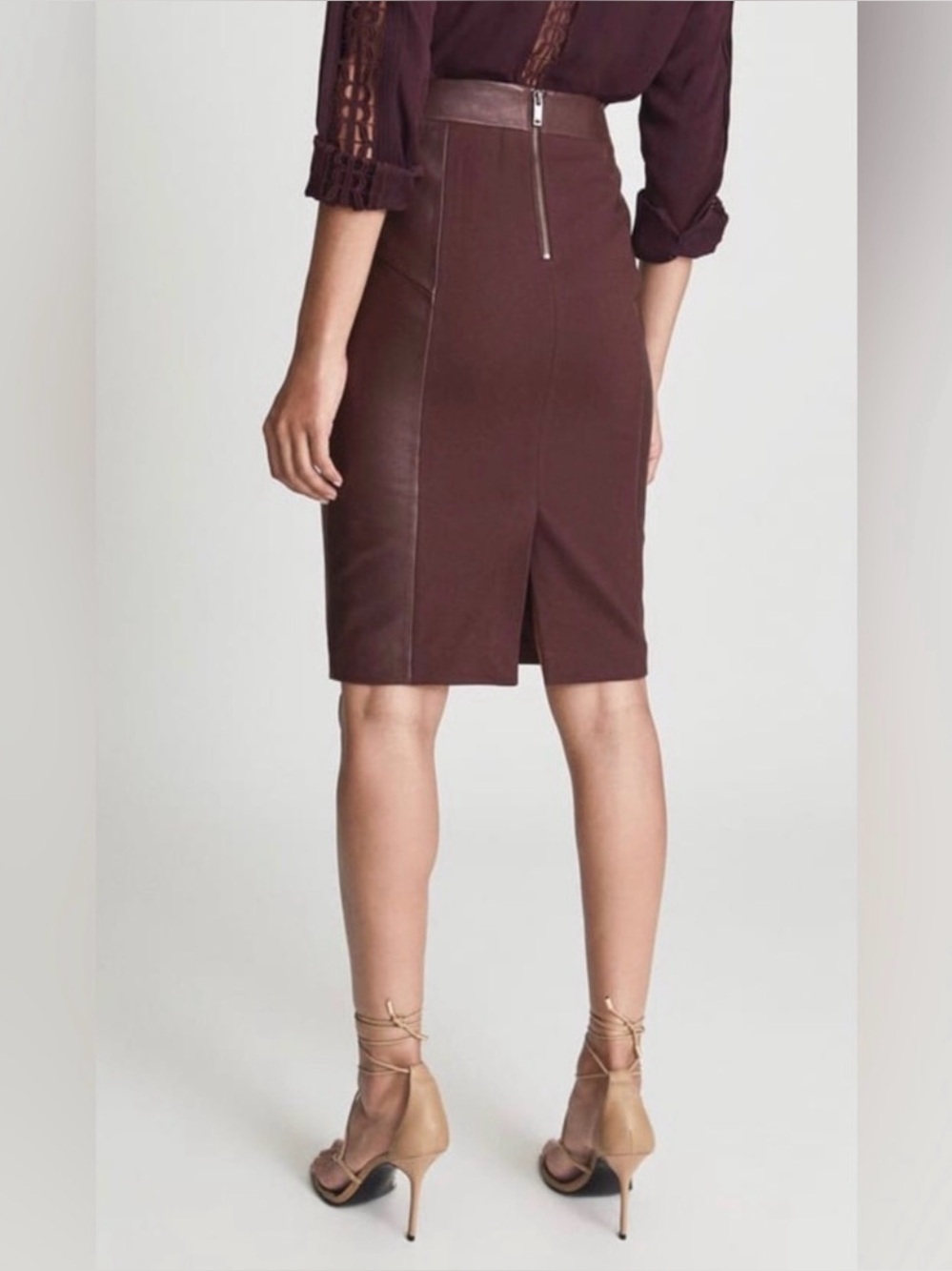 Reiss Reagan Brown Lamb Leather Pencil Skirt US 0 - Picture 2 of 11